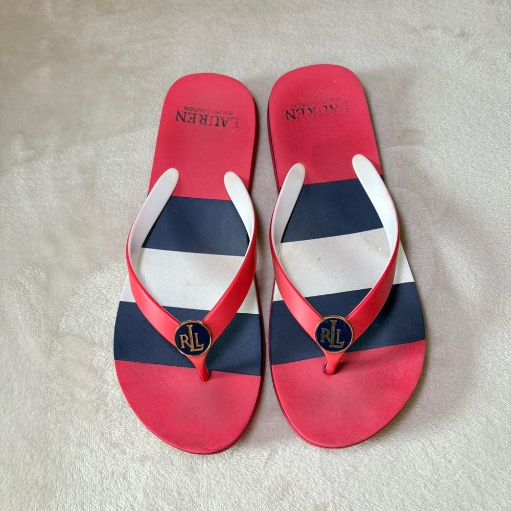 Lauren Ralph Lauren Red White and Navy Striped Flip Flops Size 8-8.5 Wide foot